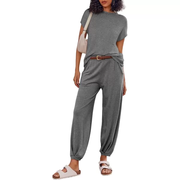 imageEkouaer Womens 2 Piece Lounge Set Cap Sleeve Tops and Jogger Pants Knit Pajama Sweatsuit SXXLDeep Grey