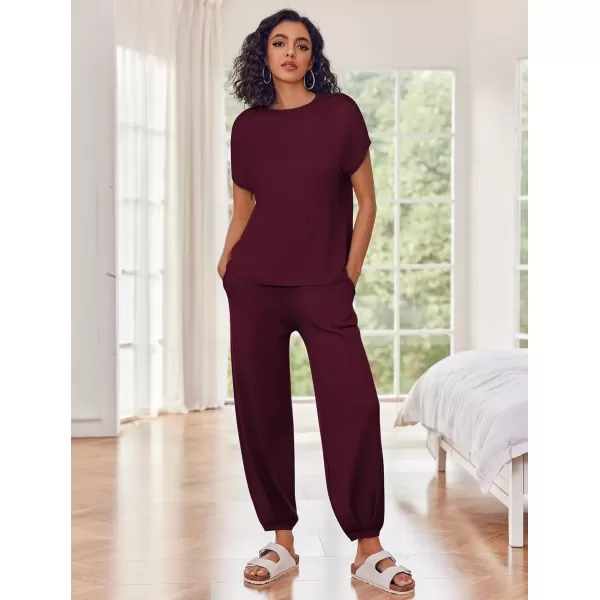 imageEkouaer Womens 2 Piece Lounge Set Cap Sleeve Tops and Jogger Pants Knit Pajama Sweatsuit SXXLDeep Red