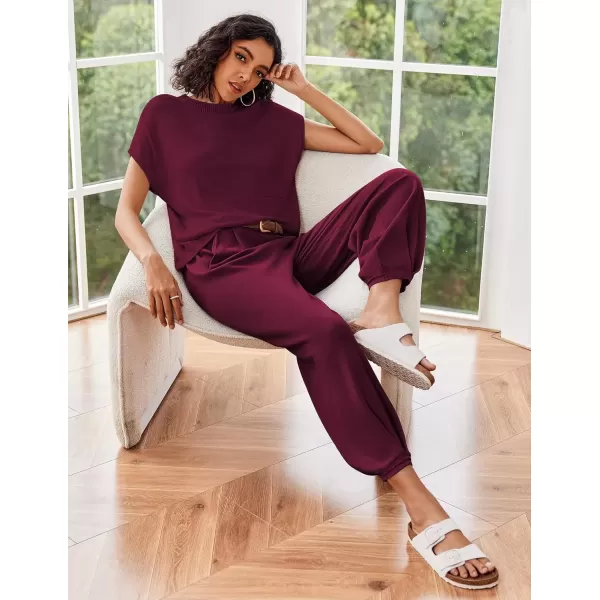imageEkouaer Womens 2 Piece Lounge Set Cap Sleeve Tops and Jogger Pants Knit Pajama Sweatsuit SXXLDeep Red