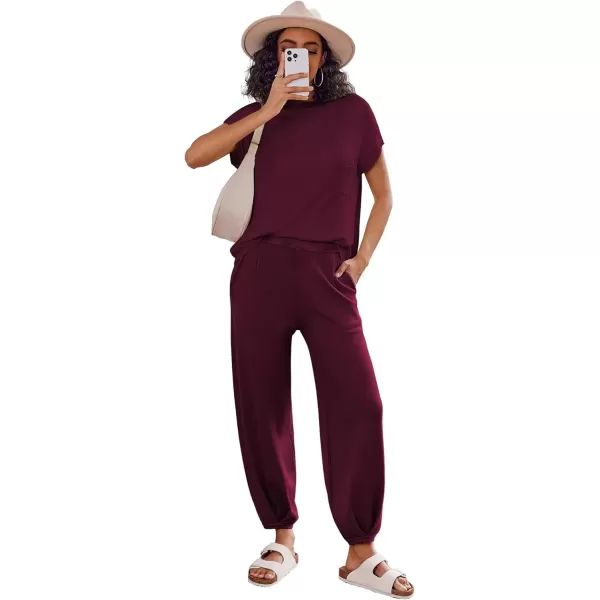 imageEkouaer Womens 2 Piece Lounge Set Cap Sleeve Tops and Jogger Pants Knit Pajama Sweatsuit SXXLDeep Red