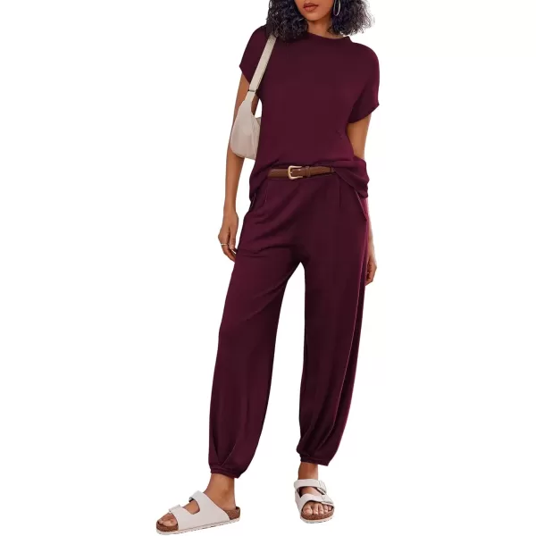 imageEkouaer Womens 2 Piece Lounge Set Cap Sleeve Tops and Jogger Pants Knit Pajama Sweatsuit SXXLDeep Red