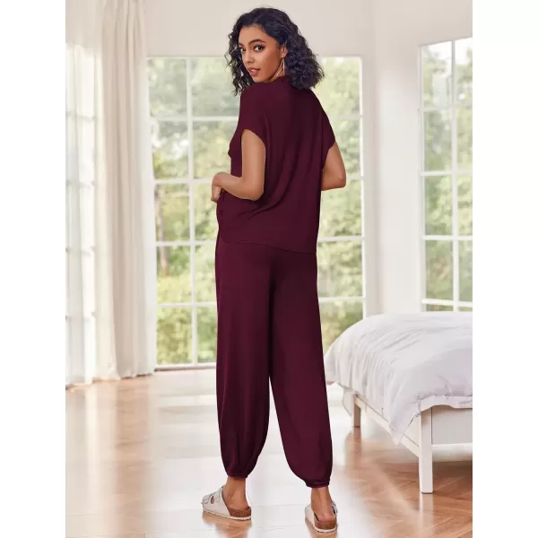 imageEkouaer Womens 2 Piece Lounge Set Cap Sleeve Tops and Jogger Pants Knit Pajama Sweatsuit SXXLDeep Red