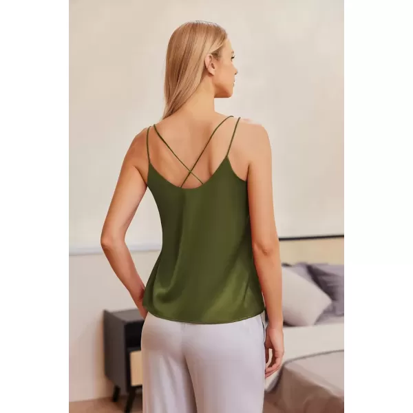 imageEkouaer Womens Silk Satin Camisole Tank Tops V Neck Spaghetti Strap Blouses Cross Back Sleeveless Cami ShirtArmy Green