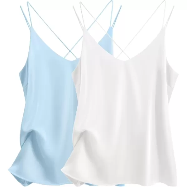 imageEkouaer Womens Silk Satin Camisole Tank Tops V Neck Spaghetti Strap Blouses Cross Back Sleeveless Cami ShirtLight Bluewhite