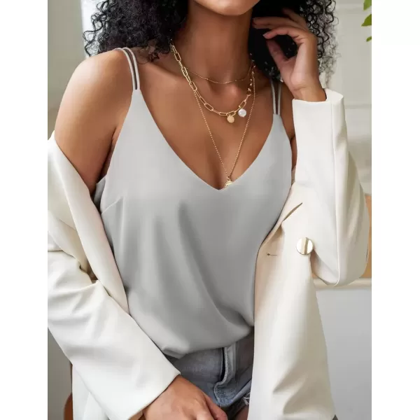 imageEkouaer Womens Silk Satin Camisole Tank Tops V Neck Spaghetti Strap Blouses Cross Back Sleeveless Cami ShirtLight Grey