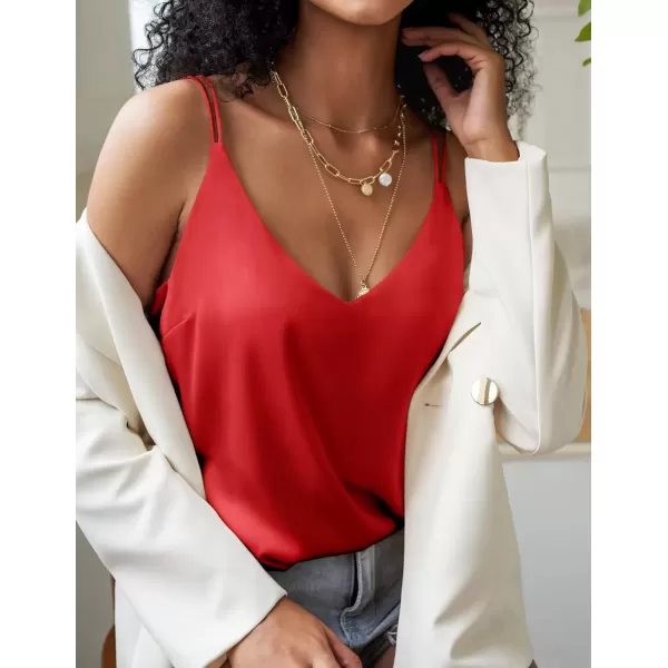 imageEkouaer Womens Silk Satin Camisole Tank Tops V Neck Spaghetti Strap Blouses Cross Back Sleeveless Cami ShirtRed