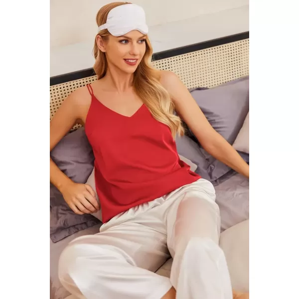 imageEkouaer Womens Silk Satin Camisole Tank Tops V Neck Spaghetti Strap Blouses Cross Back Sleeveless Cami ShirtRed