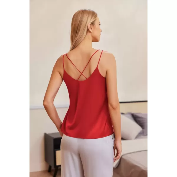imageEkouaer Womens Silk Satin Camisole Tank Tops V Neck Spaghetti Strap Blouses Cross Back Sleeveless Cami ShirtRed