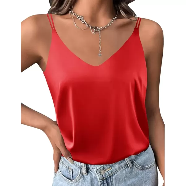 imageEkouaer Womens Silk Satin Camisole Tank Tops V Neck Spaghetti Strap Blouses Cross Back Sleeveless Cami ShirtRed