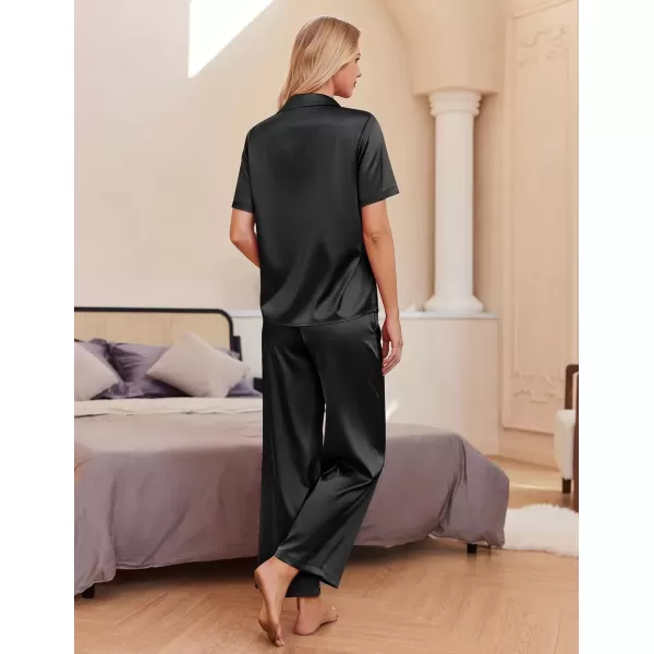 imageEkouaer Womens Silk Satin Pajamas Set Button Down 2 Piece Pjs Wide Leg Long Pants Sleepwear Lounge Set with PocketsBlack