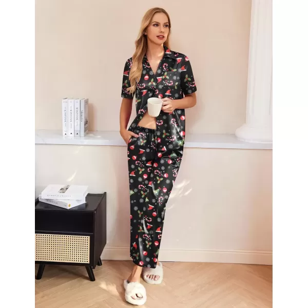 imageEkouaer Womens Silk Satin Pajamas Set Button Down 2 Piece Pjs Wide Leg Long Pants Sleepwear Lounge Set with PocketsBlackchristmas