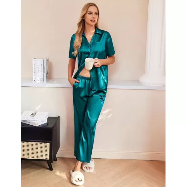 imageEkouaer Womens Silk Satin Pajamas Set Button Down 2 Piece Pjs Wide Leg Long Pants Sleepwear Lounge Set with PocketsBlue Green