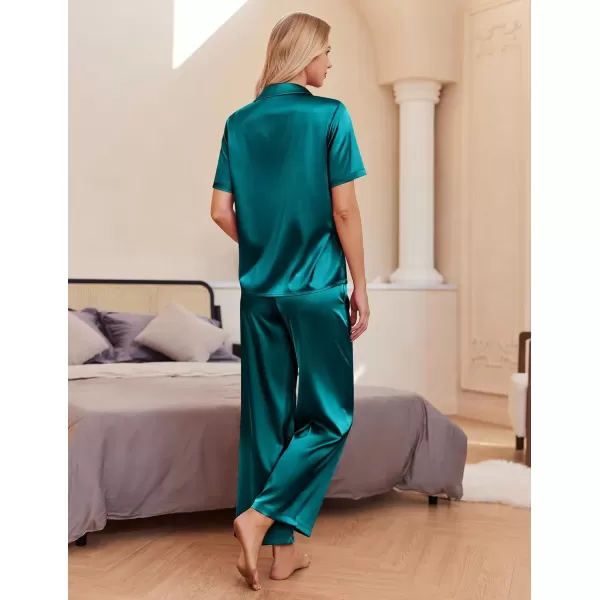 imageEkouaer Womens Silk Satin Pajamas Set Button Down 2 Piece Pjs Wide Leg Long Pants Sleepwear Lounge Set with PocketsBlue Green