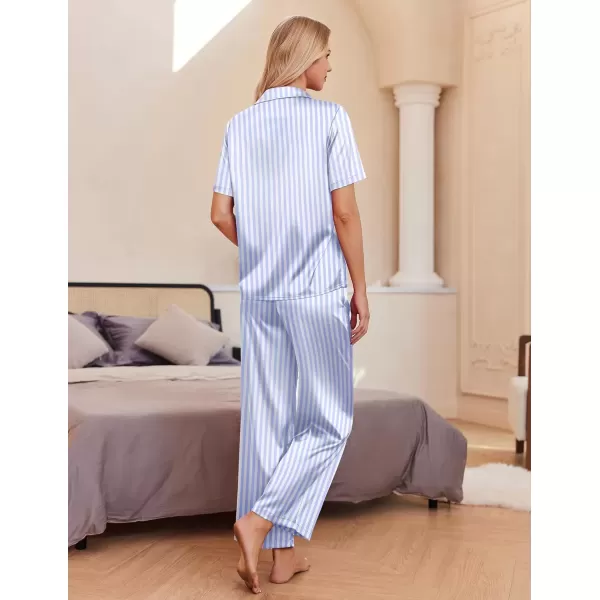 imageEkouaer Womens Silk Satin Pajamas Set Button Down 2 Piece Pjs Wide Leg Long Pants Sleepwear Lounge Set with PocketsBlue Striped