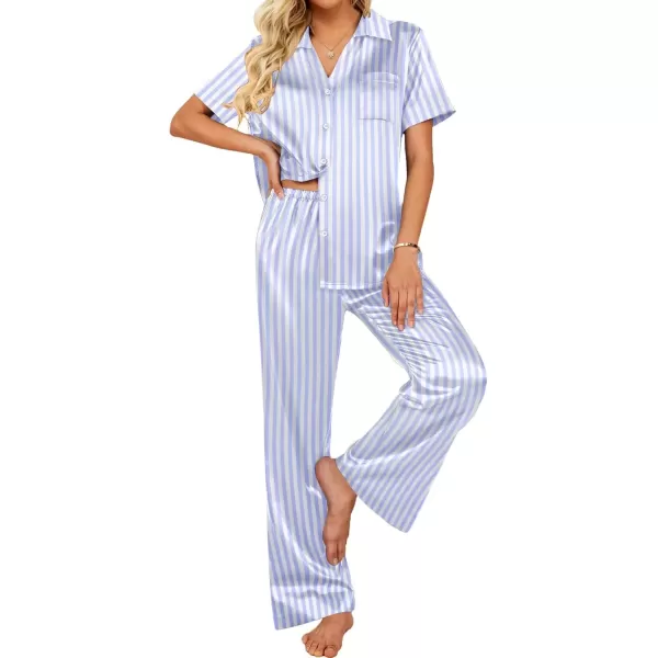 imageEkouaer Womens Silk Satin Pajamas Set Button Down 2 Piece Pjs Wide Leg Long Pants Sleepwear Lounge Set with PocketsBlue Striped