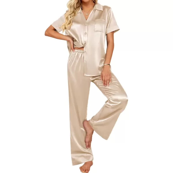 imageEkouaer Womens Silk Satin Pajamas Set Button Down 2 Piece Pjs Wide Leg Long Pants Sleepwear Lounge Set with PocketsChampagne