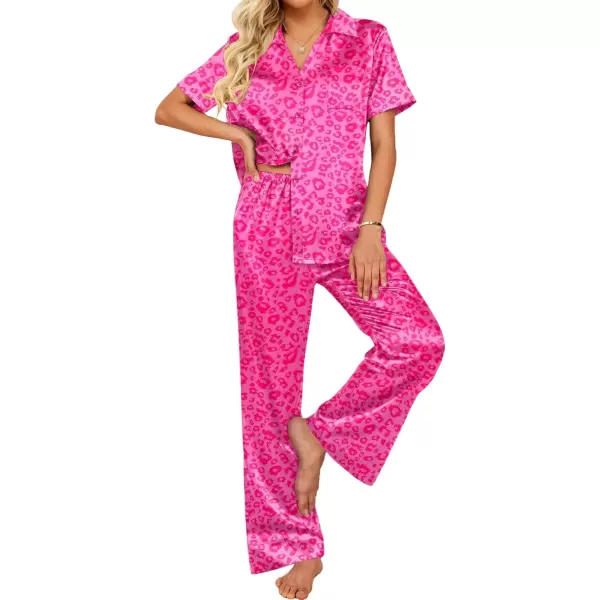 imageEkouaer Womens Silk Satin Pajamas Set Button Down 2 Piece Pjs Wide Leg Long Pants Sleepwear Lounge Set with PocketsHot Pink Leopard