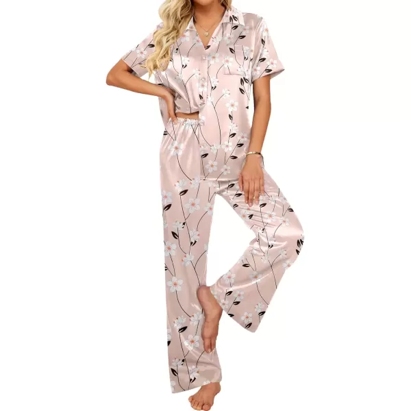 imageEkouaer Womens Silk Satin Pajamas Set Button Down 2 Piece Pjs Wide Leg Long Pants Sleepwear Lounge Set with PocketsKhakiflower