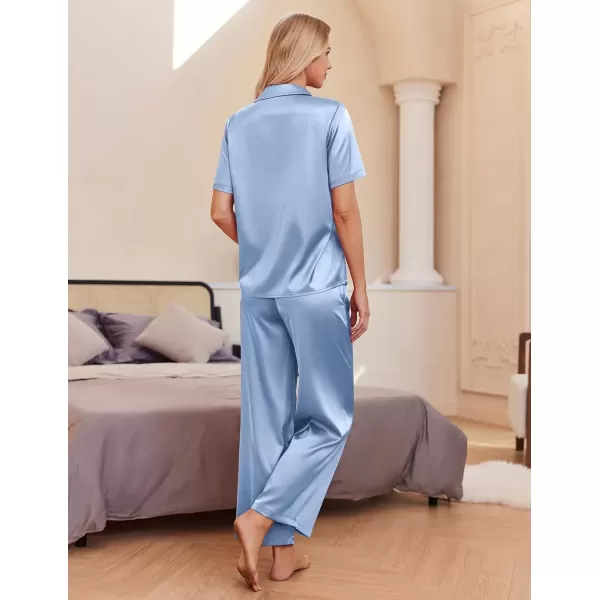 imageEkouaer Womens Silk Satin Pajamas Set Button Down 2 Piece Pjs Wide Leg Long Pants Sleepwear Lounge Set with PocketsLight Blue