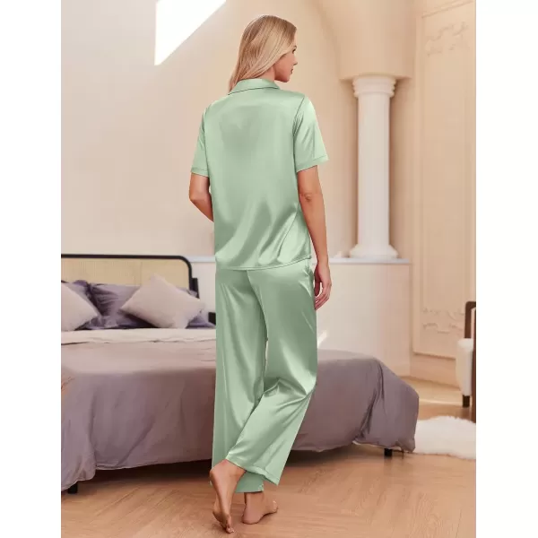 imageEkouaer Womens Silk Satin Pajamas Set Button Down 2 Piece Pjs Wide Leg Long Pants Sleepwear Lounge Set with PocketsLight Green