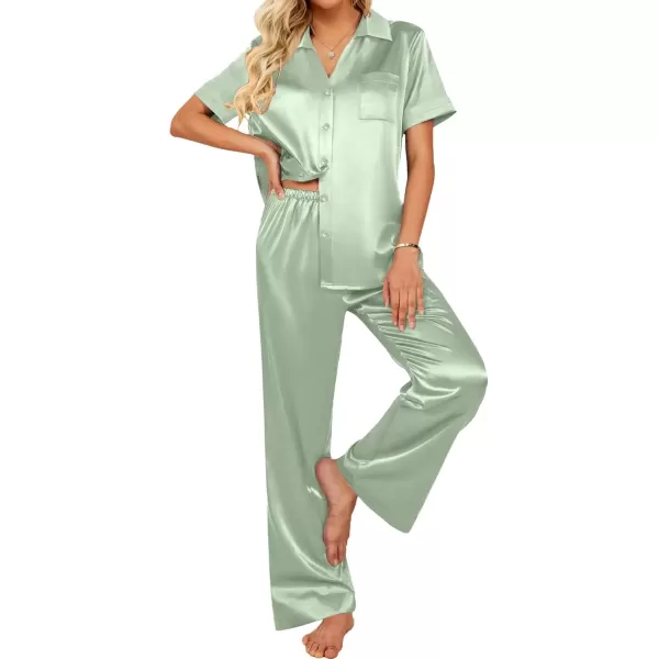 imageEkouaer Womens Silk Satin Pajamas Set Button Down 2 Piece Pjs Wide Leg Long Pants Sleepwear Lounge Set with PocketsLight Green