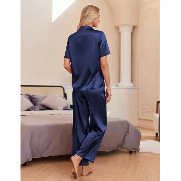 imageEkouaer Womens Silk Satin Pajamas Set Button Down 2 Piece Pjs Wide Leg Long Pants Sleepwear Lounge Set with PocketsNavy Blue