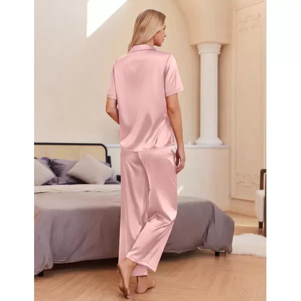 imageEkouaer Womens Silk Satin Pajamas Set Button Down 2 Piece Pjs Wide Leg Long Pants Sleepwear Lounge Set with PocketsPink