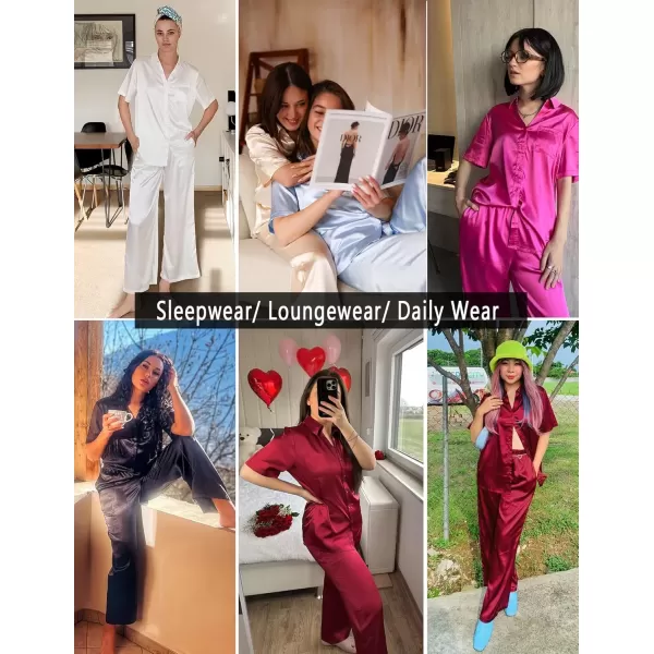 imageEkouaer Womens Silk Satin Pajamas Set Button Down 2 Piece Pjs Wide Leg Long Pants Sleepwear Lounge Set with PocketsPink