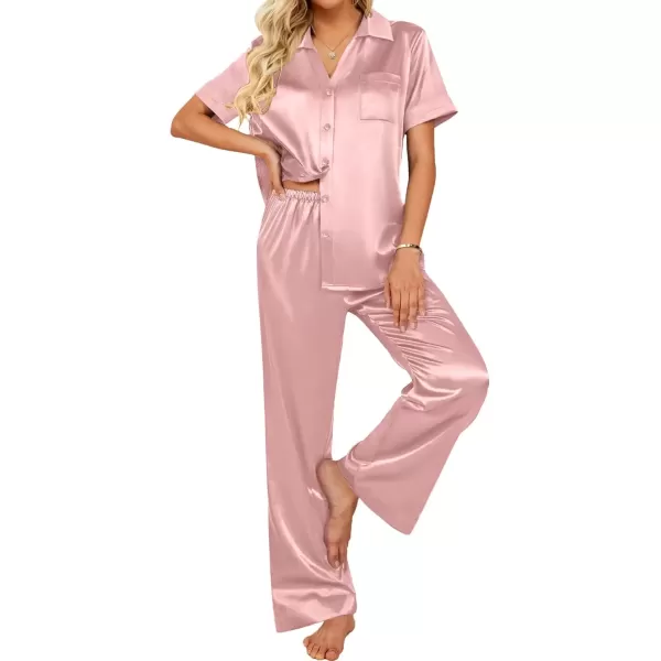 imageEkouaer Womens Silk Satin Pajamas Set Button Down 2 Piece Pjs Wide Leg Long Pants Sleepwear Lounge Set with PocketsPink