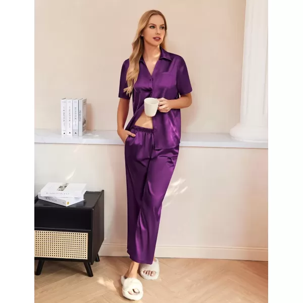 imageEkouaer Womens Silk Satin Pajamas Set Button Down 2 Piece Pjs Wide Leg Long Pants Sleepwear Lounge Set with PocketsPurple