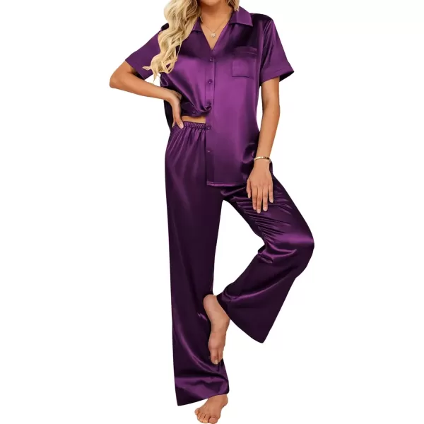 imageEkouaer Womens Silk Satin Pajamas Set Button Down 2 Piece Pjs Wide Leg Long Pants Sleepwear Lounge Set with PocketsPurple