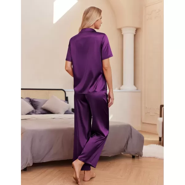 imageEkouaer Womens Silk Satin Pajamas Set Button Down 2 Piece Pjs Wide Leg Long Pants Sleepwear Lounge Set with PocketsPurple