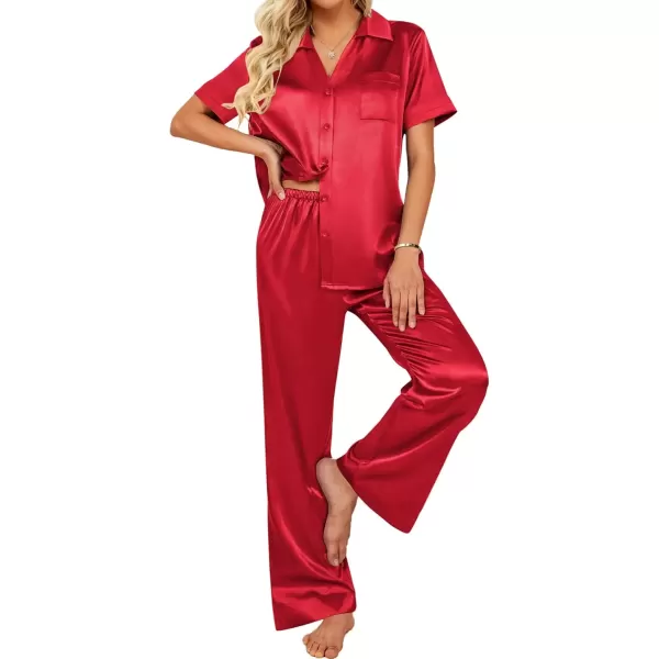 imageEkouaer Womens Silk Satin Pajamas Set Button Down 2 Piece Pjs Wide Leg Long Pants Sleepwear Lounge Set with PocketsRed