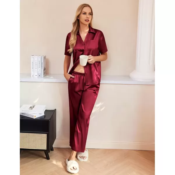 imageEkouaer Womens Silk Satin Pajamas Set Button Down 2 Piece Pjs Wide Leg Long Pants Sleepwear Lounge Set with PocketsWine Red