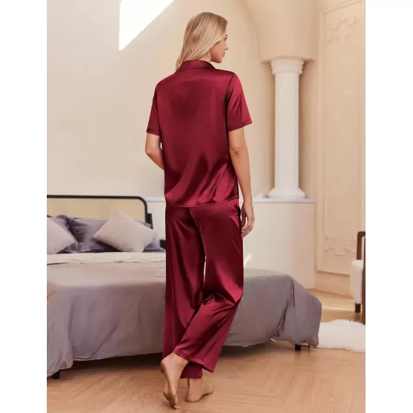 imageEkouaer Womens Silk Satin Pajamas Set Button Down 2 Piece Pjs Wide Leg Long Pants Sleepwear Lounge Set with PocketsWine Red