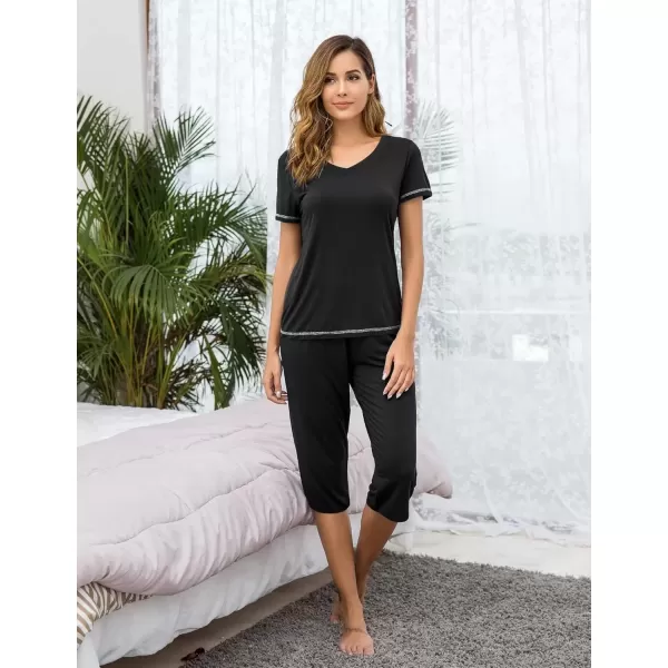 imageEkouaer Womens Sleepwear Capri Pajama Sets Short Sleeve TwoPiece Pjs V Neck Tops ampamp Capri Pants with Pockets S3XLBlack