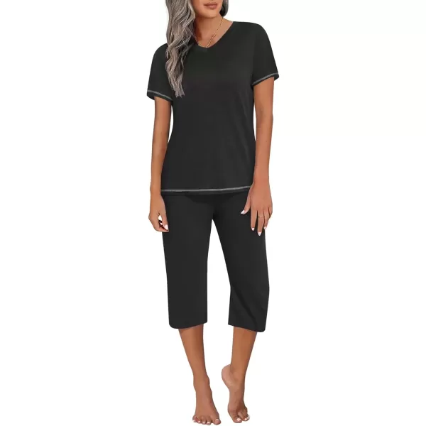 imageEkouaer Womens Sleepwear Capri Pajama Sets Short Sleeve TwoPiece Pjs V Neck Tops ampamp Capri Pants with Pockets S3XLBlack