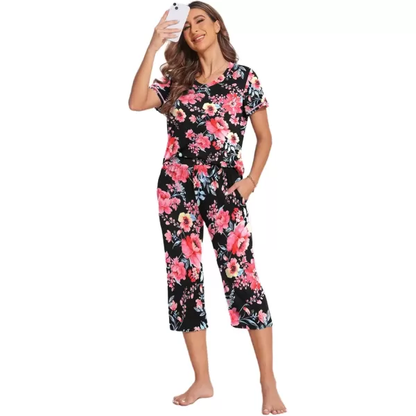 imageEkouaer Womens Sleepwear Capri Pajama Sets Short Sleeve TwoPiece Pjs V Neck Tops ampamp Capri Pants with Pockets S3XLBlack Red Flowers