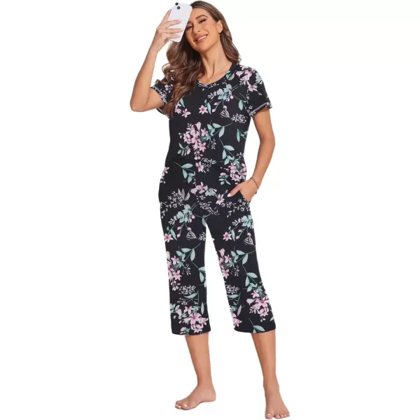 imageEkouaer Womens Sleepwear Capri Pajama Sets Short Sleeve TwoPiece Pjs V Neck Tops ampamp Capri Pants with Pockets S3XLBlack Small Flowers