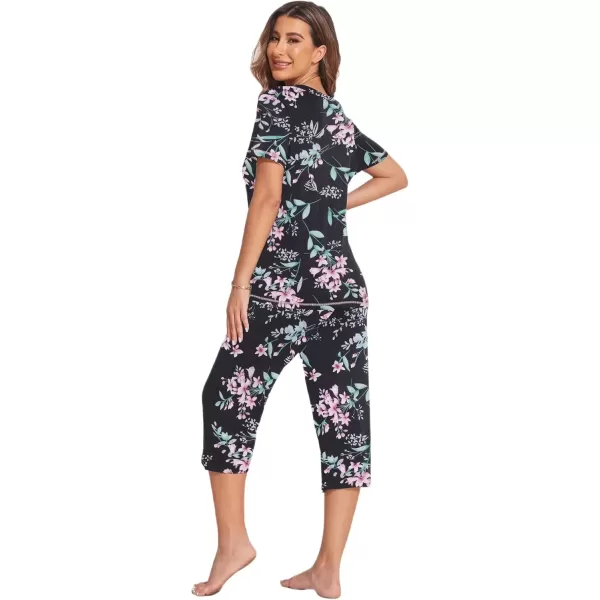 imageEkouaer Womens Sleepwear Capri Pajama Sets Short Sleeve TwoPiece Pjs V Neck Tops ampamp Capri Pants with Pockets S3XLBlack Small Flowers