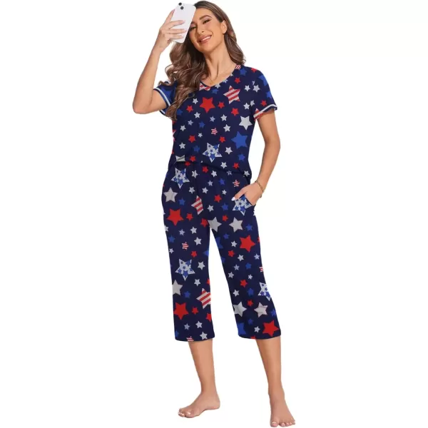 imageEkouaer Womens Sleepwear Capri Pajama Sets Short Sleeve TwoPiece Pjs V Neck Tops ampamp Capri Pants with Pockets S3XLBlue America Stars