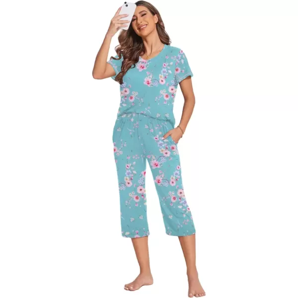 imageEkouaer Womens Sleepwear Capri Pajama Sets Short Sleeve TwoPiece Pjs V Neck Tops ampamp Capri Pants with Pockets S3XLBlue Green Small Flowers