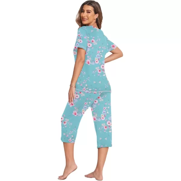 imageEkouaer Womens Sleepwear Capri Pajama Sets Short Sleeve TwoPiece Pjs V Neck Tops ampamp Capri Pants with Pockets S3XLBlue Green Small Flowers