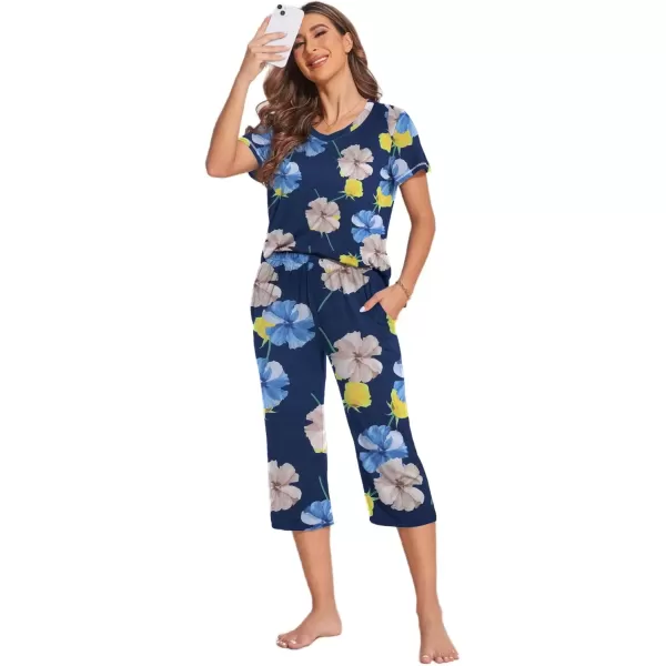 imageEkouaer Womens Sleepwear Capri Pajama Sets Short Sleeve TwoPiece Pjs V Neck Tops ampamp Capri Pants with Pockets S3XLBlue Khaki Flowers
