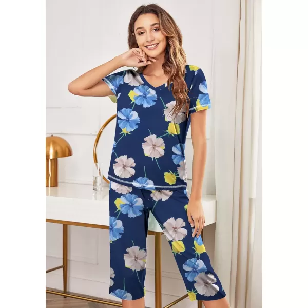 imageEkouaer Womens Sleepwear Capri Pajama Sets Short Sleeve TwoPiece Pjs V Neck Tops ampamp Capri Pants with Pockets S3XLBlue Khaki Flowers