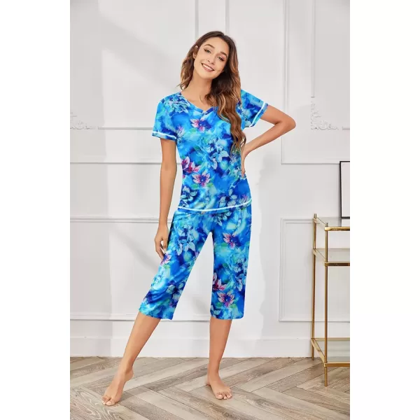 imageEkouaer Womens Sleepwear Capri Pajama Sets Short Sleeve TwoPiece Pjs V Neck Tops ampamp Capri Pants with Pockets S3XLBlue Petals