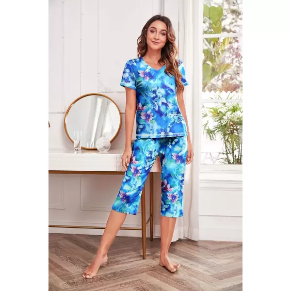 imageEkouaer Womens Sleepwear Capri Pajama Sets Short Sleeve TwoPiece Pjs V Neck Tops ampamp Capri Pants with Pockets S3XLBlue Petals