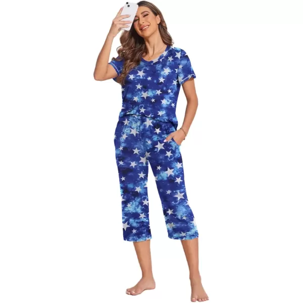 imageEkouaer Womens Sleepwear Capri Pajama Sets Short Sleeve TwoPiece Pjs V Neck Tops ampamp Capri Pants with Pockets S3XLBlue Stars