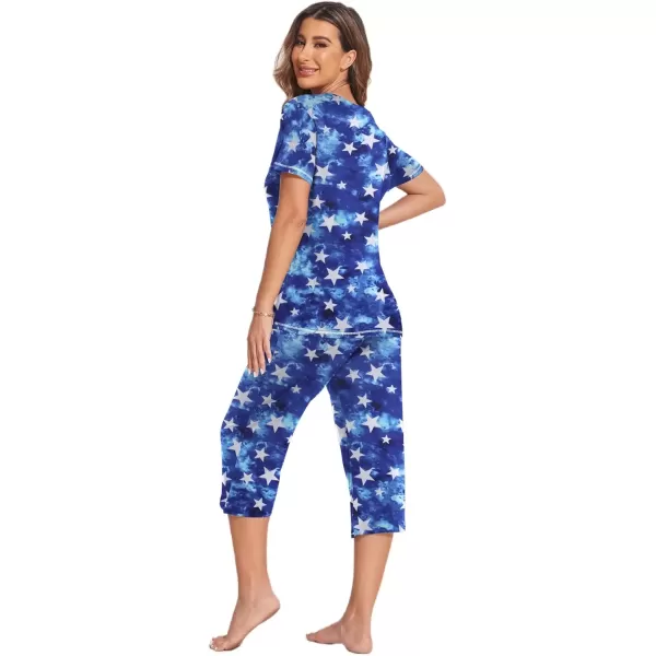 imageEkouaer Womens Sleepwear Capri Pajama Sets Short Sleeve TwoPiece Pjs V Neck Tops ampamp Capri Pants with Pockets S3XLBlue Stars
