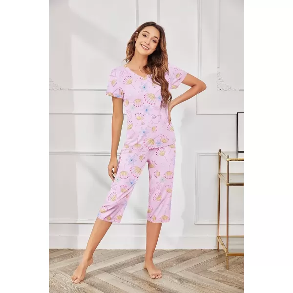 imageEkouaer Womens Sleepwear Capri Pajama Sets Short Sleeve TwoPiece Pjs V Neck Tops ampamp Capri Pants with Pockets S3XLColorful Flowers